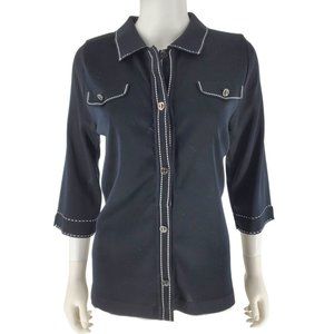 Ming Wang Button Up Collar 3/4 Sleeve Knit Top